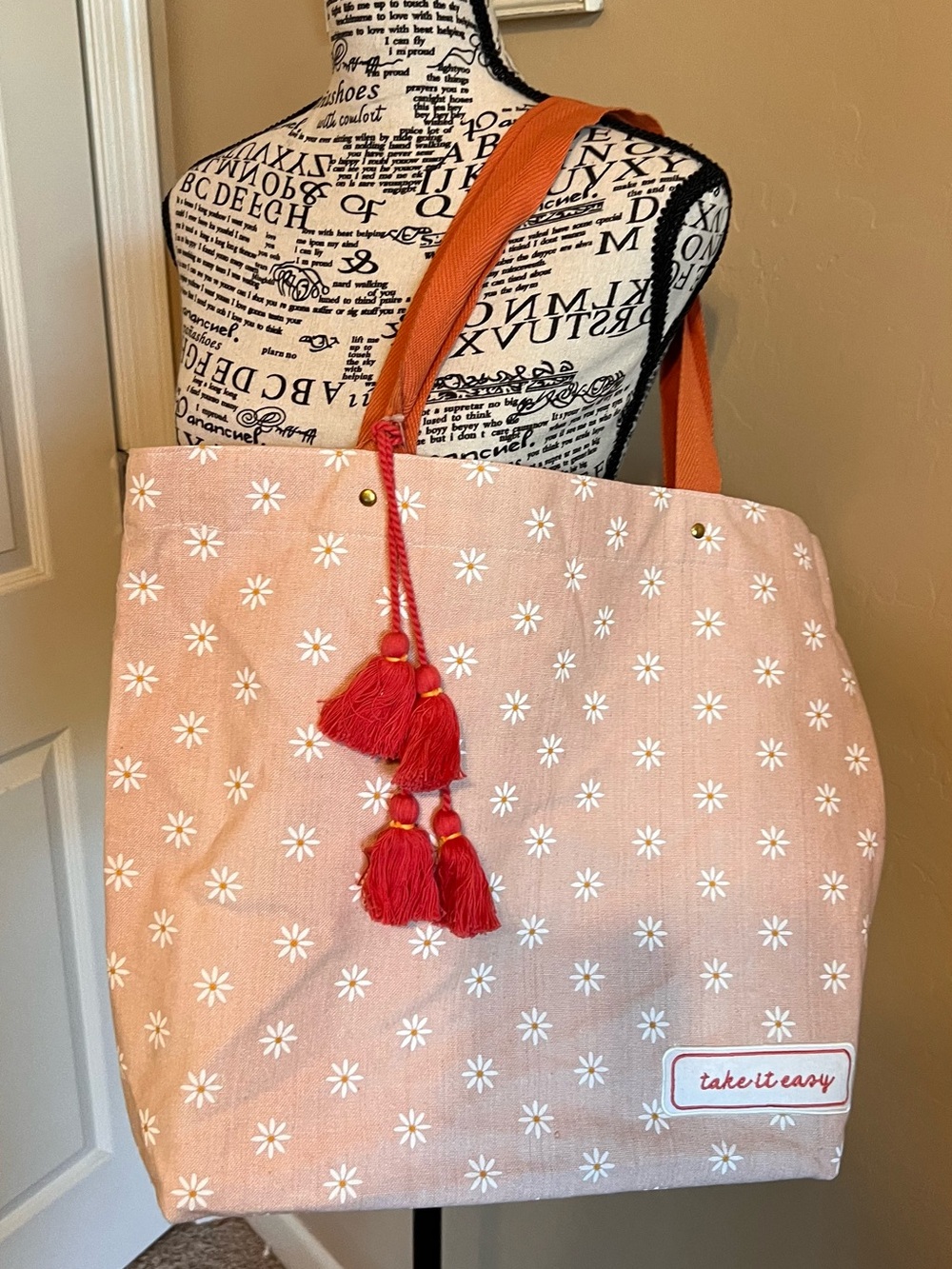 Take It Easy Pink Daisy Tote Bag with Dark Orange Tassels